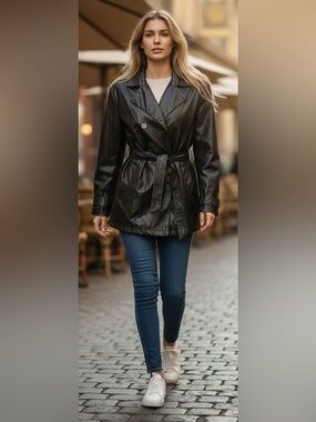 Outer Edge Black Faux Leather Trench Coat GUC Size XL